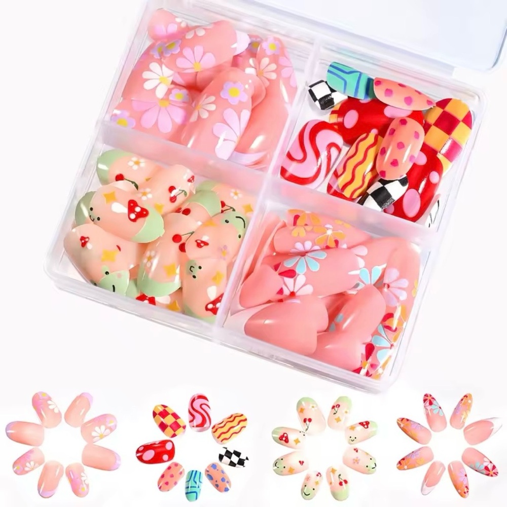 Floral Press-On Nails Set - Pink and Red